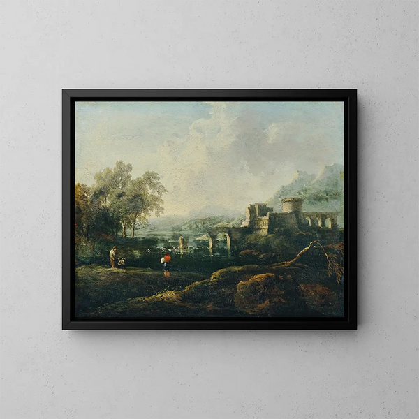 Ideale Landschaft mit Fluss und Brückenruine, Der Morgen - Johann Christian Brand — gerahmtes Bild an der Wand
