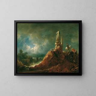 Landschaft mit Ruine und Reiter im Mondschein - Johann Christian Brand — gerahmtes Bild an der Wand