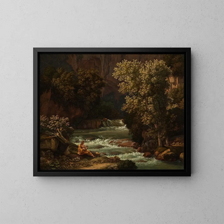 Ansicht des Ponte Lupo am Fluss Anio bei Tivoli mit einem jungen Mann, der im Vordergrund Lyra spielt - Johann Christian Reinhart — gerahmtes Bild an der Wand
