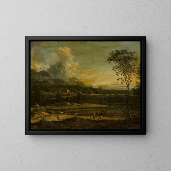 Landschaft mit Bergsee und Gebäuden - Johann Christian Vollerdt — gerahmtes Bild an der Wand