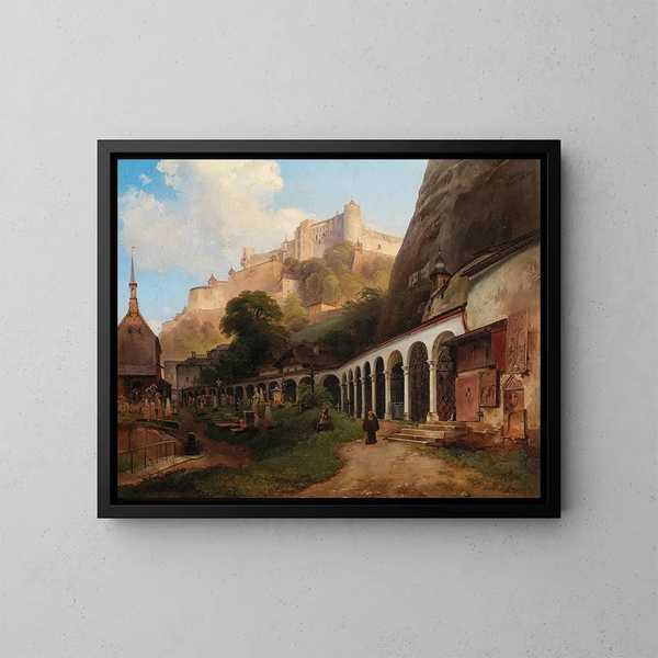 Ansicht des Friedhofs von Saint-Pierre in Salzburg - Johann Fischbach — gerahmtes Bild an der Wand