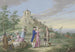 Gruppenbild von Damen und Herren, die im Freien am Fuße eines Hügels mit einem kleinen Tempel ruhen, ein Führer zeigt einem jungen Paar die Landschaft - Johann Friedrich August Tischbein — Ansicht des Kunstwerks