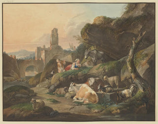 Hirten auf Felsen mit einer Schäferin vor einem Esel, Schafe und Ziegen im Hintergrund, Ruinen mit einer Brücke - Johann Friedrich Morgenstern — Ansicht des Kunstwerks