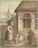 Vor der Haustür steht ein alter Mann mit einer Dienstmagd und zwei Kindern - Johann Friedrich Morgenstern — Ansicht des Kunstwerks