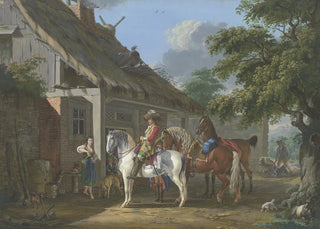 Johann Georg Pforr - Ein reichgekleideter Kavalier hlt mit drei Pferden und einem Diener vor einem Bauernhaus eine barfige junge Frau schenkt ihm ein.webp