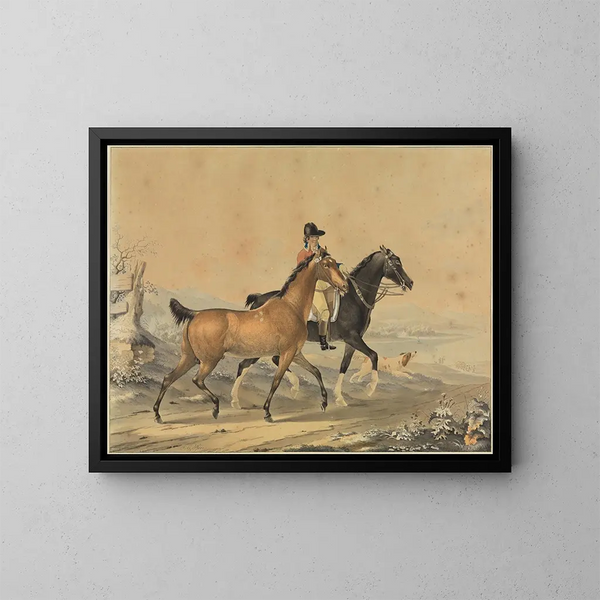 Cavalier avec deux chevaux et un chien - Johann Georg Pforr — gerahmtes Bild an der Wand