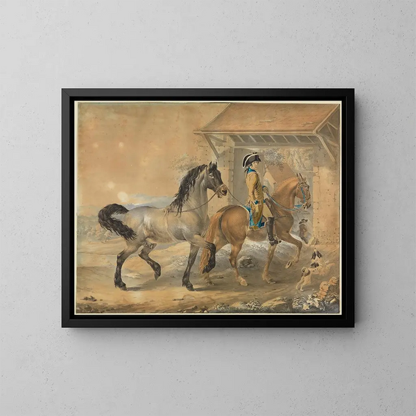 Soldat mit 2 Pferden vor einer Stallung - Johann Georg Pforr — gerahmtes Bild an der Wand