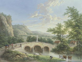 Johann Georg Pforr - Tallandschaft mit einer steinernen Brcke auf deren Brstung eine antike Skulptur aufgestellt ist.webp