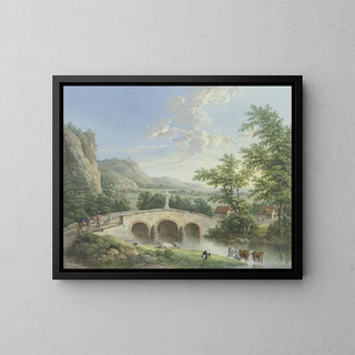 Johann Georg Pforr - Tallandschaft mit einer steinernen Brcke auf deren Brstung eine antike Skulptur aufgestellt ist.webp