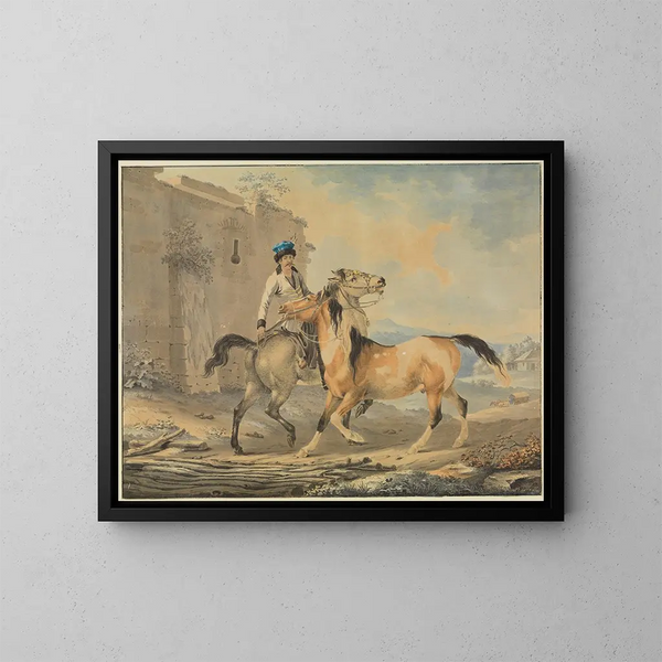 Türkisches Gemälde mit zwei Pferden vor einer Burgruine - Johann Georg Pforr — gerahmtes Bild an der Wand