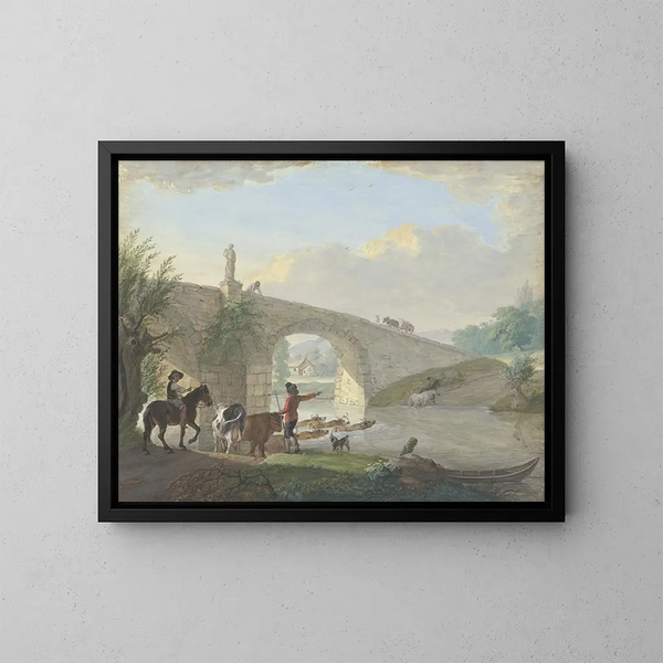Bäuerliches Gemälde mit zwei Hirten, die einen Steindamm durchschwimmen - Johann Georg Pforr — gerahmtes Bild an der Wand