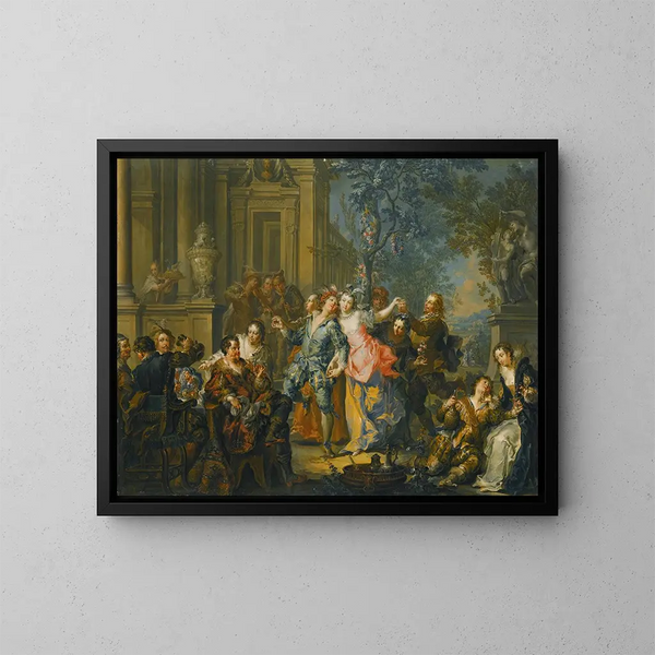 Ein elegantes Unternehmen, das vor einem Palast Spaß hat - Johann Georg Platzer — gerahmtes Bild an der Wand