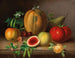 Küchenstillleben mit Melone, Tomate, Äpfeln, Birnen und blühenden Erbsenschoten - Johann Georg Seitz — Ansicht des Kunstwerks