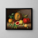 Küchenstillleben mit Melone, Tomate, Äpfeln, Birnen und blühenden Erbsenschoten - Johann Georg Seitz — gerahmtes Bild an der Wand