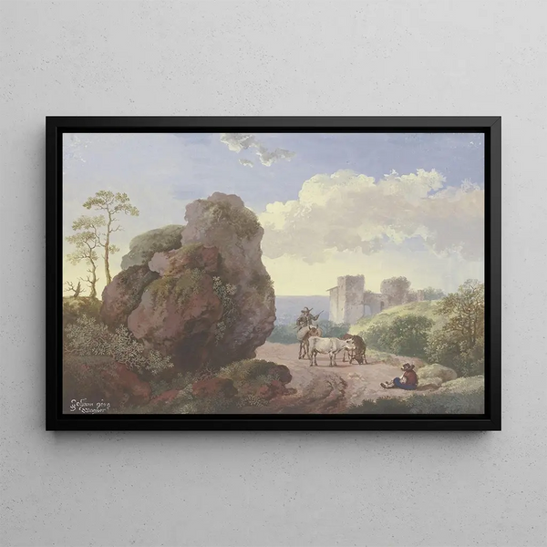 Johann Georg Wagner - Ein groer Fels neben einem Weg mit Hirten und Vieh rechts eine Ruine.webp
