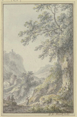 Johann Heinrich Mntz - Blick in eine Berglandschaft mit einer Burg im Vordergrund ein Hohlweg mit drei Figuren.webp