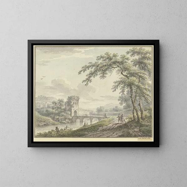 Landschaftsgemälde mit einer Brücke und einem Turm rechts unter einem Baum, ein Paar mit einem Hund - Johann Heinrich Müntz — gerahmtes Bild an der Wand