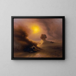 Eine Überraschungskarawane durch den Sandsturm vor der Sphinx - Johann Jakob Frey — gerahmtes Bild an der Wand