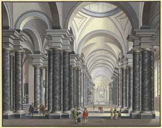 Ansicht des Inneren einer barocken Kirche mit schwarzen Marmorsäulen und Szenenfiguren in Kostümen des 17. Jahrhunderts 1790 - Johann Ludwig Ernst Morgenstern — Ansicht des Kunstwerks