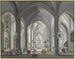 Ansicht des Inneren einer Hallenkirche im gotischen Stil mit zahlreichen Szenenfiguren in Kostümen des 17. Jahrhunderts, links ein Priester zelebriert die Messe 1790 - Johann Ludwig Ernst Morgenstern — Ansicht des Kunstwerks