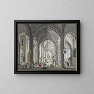 Ansicht des Inneren einer Hallenkirche im gotischen Stil mit zahlreichen Szenenfiguren in Kostümen des 17. Jahrhunderts, links ein Priester zelebriert die Messe 1790 - Johann Ludwig Ernst Morgenstern — gerahmtes Bild an der Wand