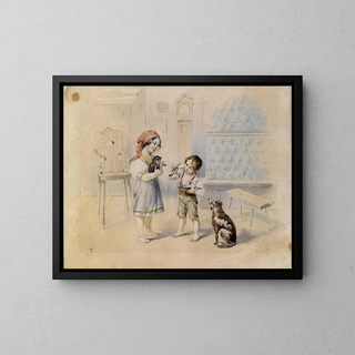 Johann Matthias Ranftl - Bauernstube mit Kachelofen und Kindern.webp