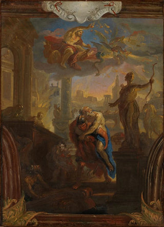 Johann Michael Rottmayr - Aeneas rescues his father Anchises from the burning Troy Vulcan in the sky on his chariot.webp