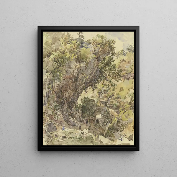 Landschaft mit Bergen, Brücke und zahlreichen Figuren, links ein wunderschöner Felsabschnitt - Johann Nepomuk Rauch — gerahmtes Bild an der Wand