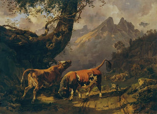 Stier, der eine Kuh in einer Landschaft bei Carrara verfolgt - Johann Nepomuk Rauch — Ansicht des Kunstwerks