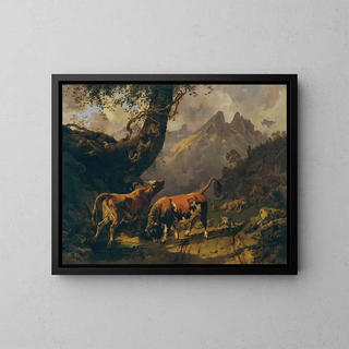 Stier, der eine Kuh in einer Landschaft bei Carrara verfolgt - Johann Nepomuk Rauch — gerahmtes Bild an der Wand