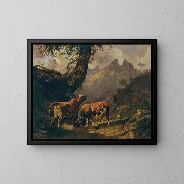 Stier, der eine Kuh in einer Landschaft bei Carrara verfolgt - Johann Nepomuk Rauch — gerahmtes Bild an der Wand