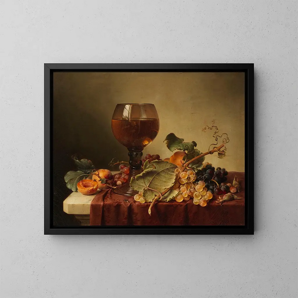 Stillleben mit Selbstporträt in einem Weinglas und Früchten - Johann Wilhelm Preyer — gerahmtes Bild an der Wand