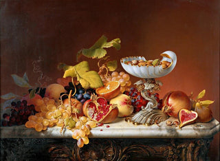 Johann Wilhelm Preyer - Tropical fruits with milk glass shell in shell shape.webp