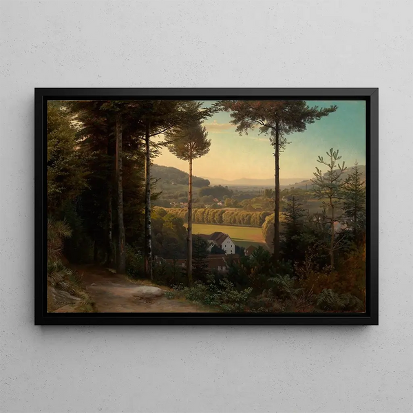 Die Oos-Tal mit Blick auf die Rhein-Ebene und die Vogesen am Abend - Johann Wilhelm Schirmer — gerahmtes Bild an der Wand