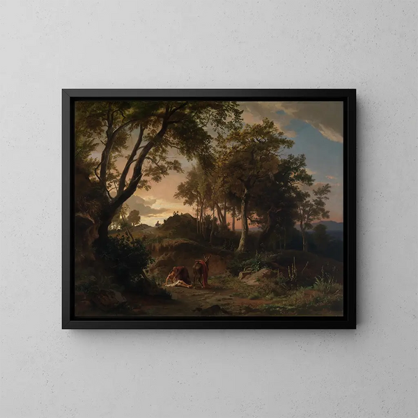 Der Abend, die Rettung des verletzten Reisenden durch den guten Samariter - Johann Wilhelm Schirmer — gerahmtes Bild an der Wand