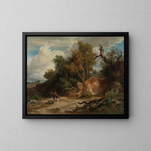 Der Mittag, der Angriff des Reisenden - Johann Wilhelm Schirmer — gerahmtes Bild an der Wand