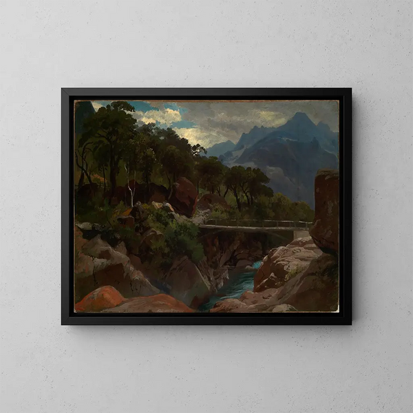 Schweizer Bergfluss mit Brücke - Johann Wilhelm Schirmer — gerahmtes Bild an der Wand
