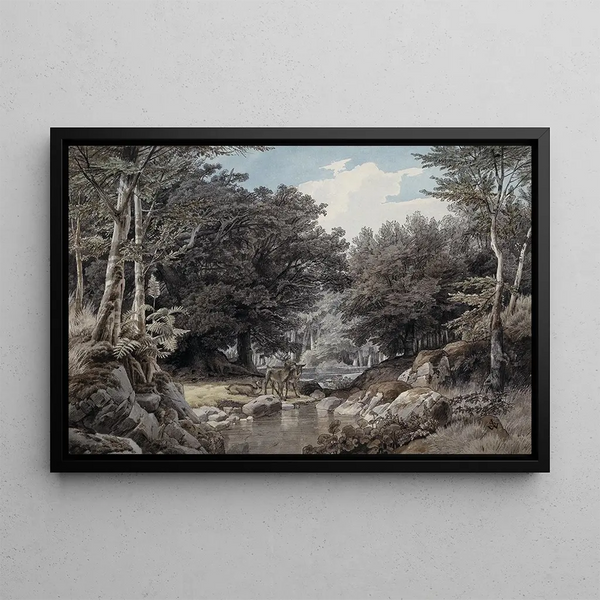 Johann Wilhelm Schirmer - Waldinneres mit Hirschen am Wasser.webp