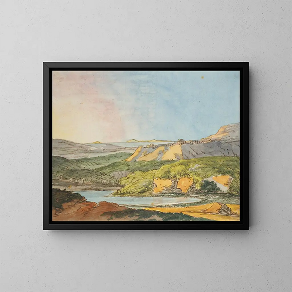 Landschaft im Süden mit Meer, bewaldeten Hügeln und einem Wasserplan im Vordergrund - Johann Wolfgang von Goethe — gerahmtes Bild an der Wand