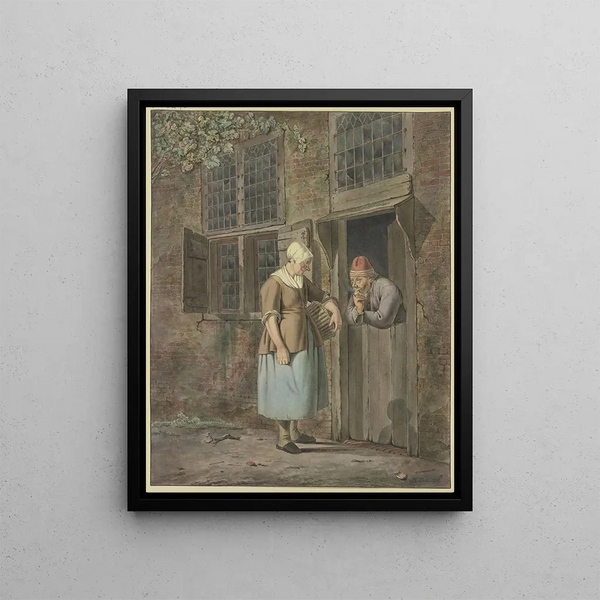 Johannes Christiaan Janson - An einer Haustr spricht ein rauchender Mann mit einer Frau die einen Korb trgt.webp