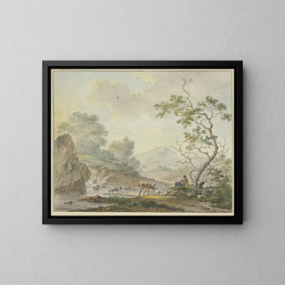 eines Gemäldes Ein Hirte mit einer Kuh und Ziegen in der Nähe eines Wasserfalls - Johannes Christiaan Janson — gerahmtes Bild an der Wand