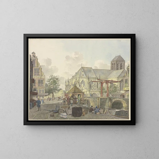 Johannes Huibert Prins - Schleusentor bei einer Kirche dabei ein Zollhaus.webp