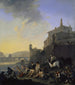 Fluss mit Baden von Zigeunern in der Nähe einer italienischen Stadt - Johannes Lingelbach — Ansicht des Kunstwerks