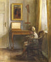 Innenaufnahme mit einem Mädchen, das in der Nähe des Fensters liest - Johannes Ottesen — Ansicht des Kunstwerks