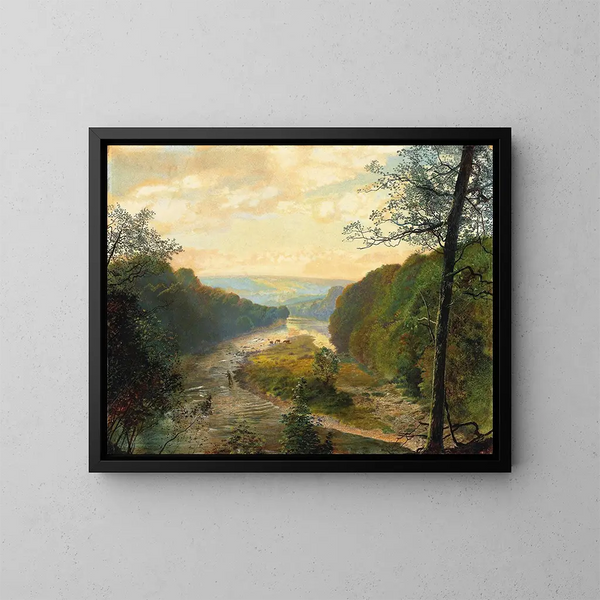 Die Wharfe-Tal mit dem Barden-Turm im Hintergrund - John Atkinson Grimshaw — gerahmtes Bild an der Wand
