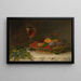 Naturstillleben mit einem Obstkorb, einem Sherryglas und einem Blumenstrauß - John Beigel — gerahmtes Bild an der Wand