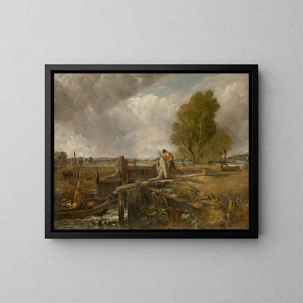 Studie eines Bootes, das eine Schleuse passiert - John Constable — gerahmtes Bild an der Wand