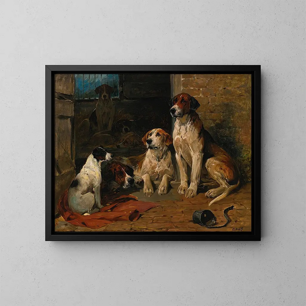 Hunde in der Nähe eines Hundehauses - John Emms — gerahmtes Bild an der Wand