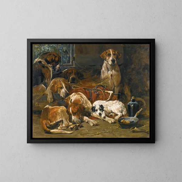 Jagd auf Füchse mit Jagdhunden und einem Bau in ihren Höhlen nach der Jagd - John Emms — gerahmtes Bild an der Wand
