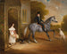 Meister John Marriott auf einem grauen Pferd mit seiner Schwester Annis und ihren Hunden vor den Ulmen in Cropwell Butler - John Ferneley — Ansicht des Kunstwerks